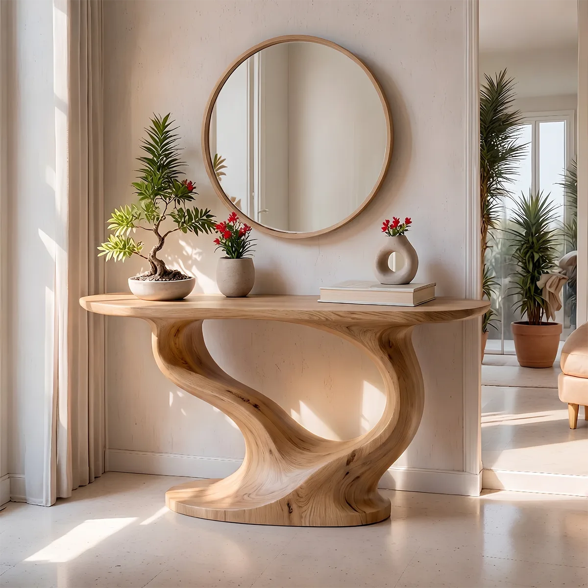 Modern Organic Console Table with Sculptural Solid Wood Base | Contemporary Entryway Console TT006-8689