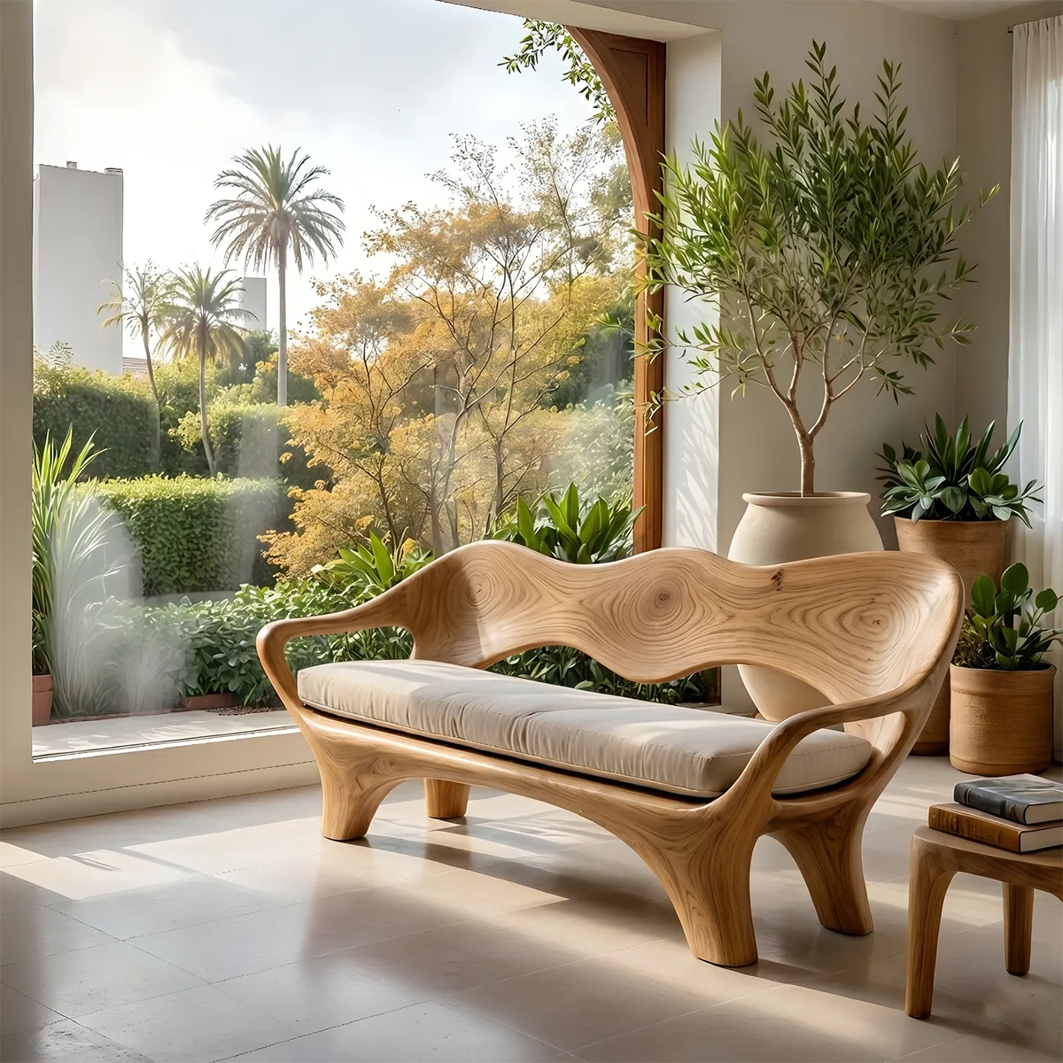 Luxury Sculptural Wooden Sofa with Organic Flowing Backrest Design