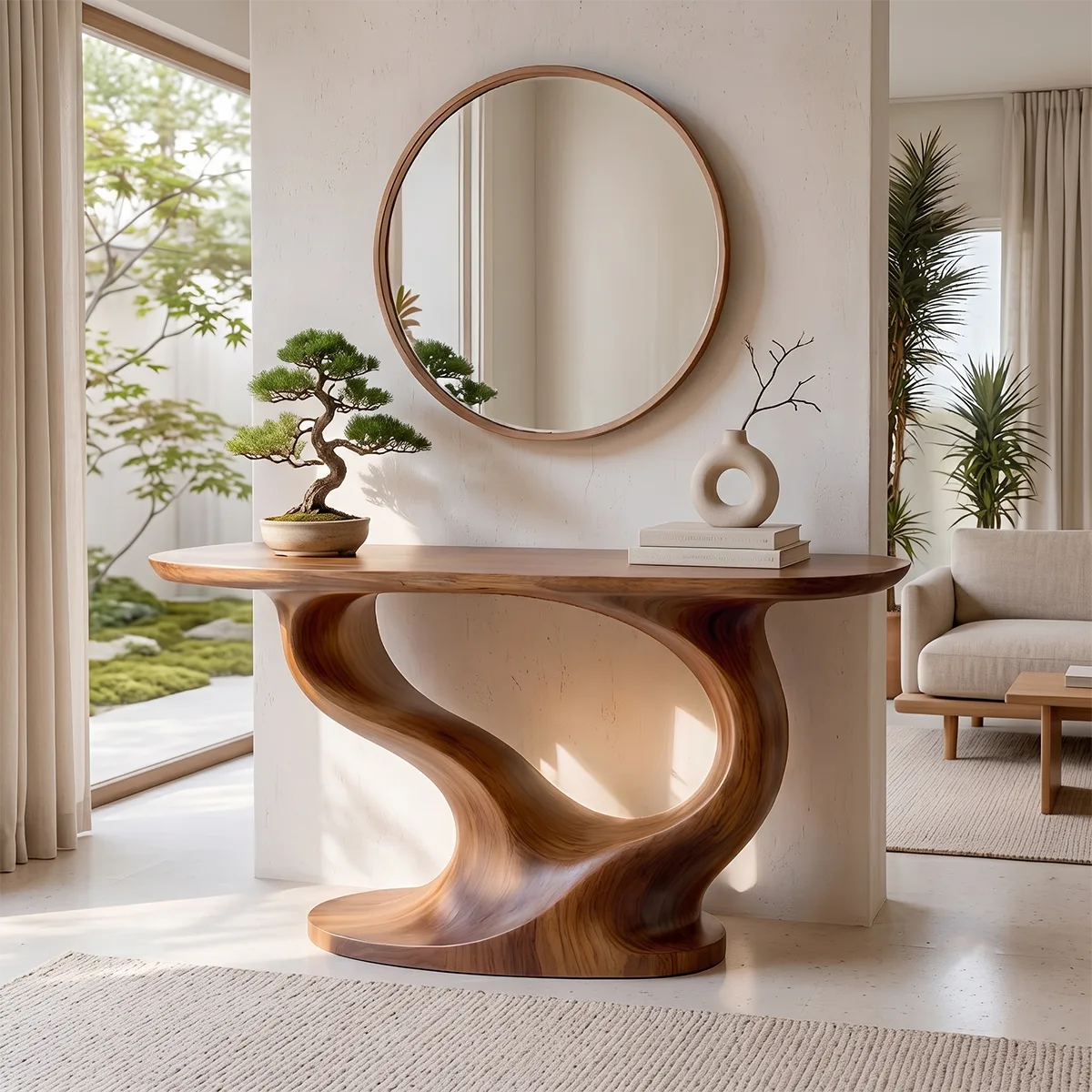 Modern Organic Console Table with Sculptural Solid Wood Base | Contemporary Entryway Console TT006-8689