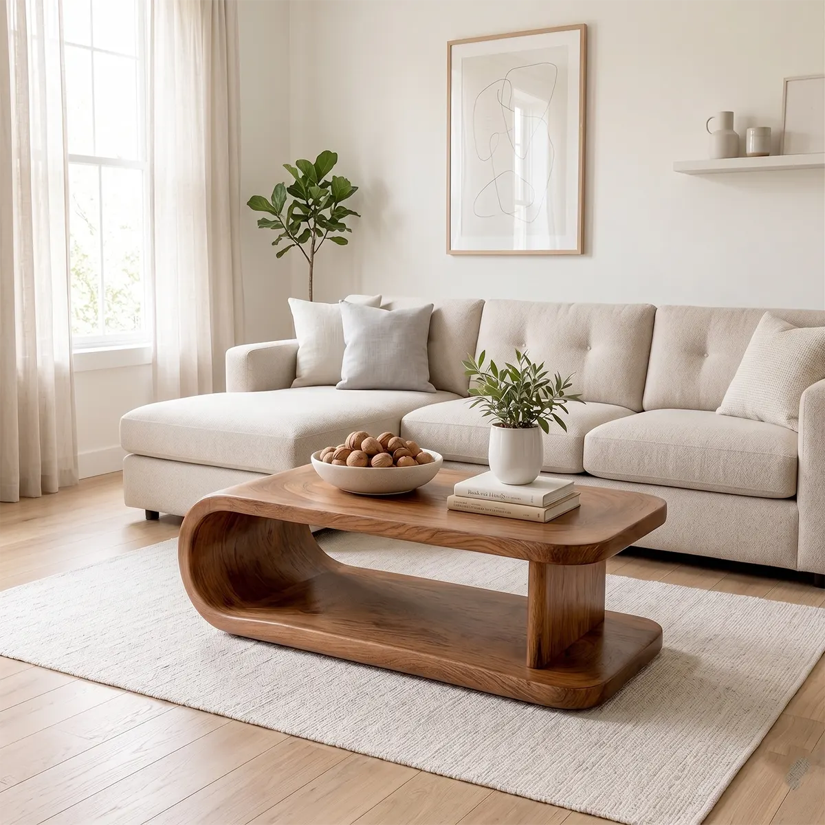 Modern Waterfall Coffee Table | Sculptural Open Shelf Center Table for Contemporary Living Room TT006-7074