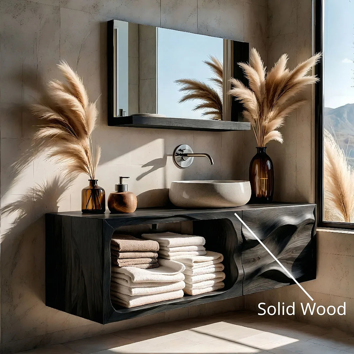Floating Solid Wood Bathroom Vanity with Sculpted Door and Open Towel Shelf