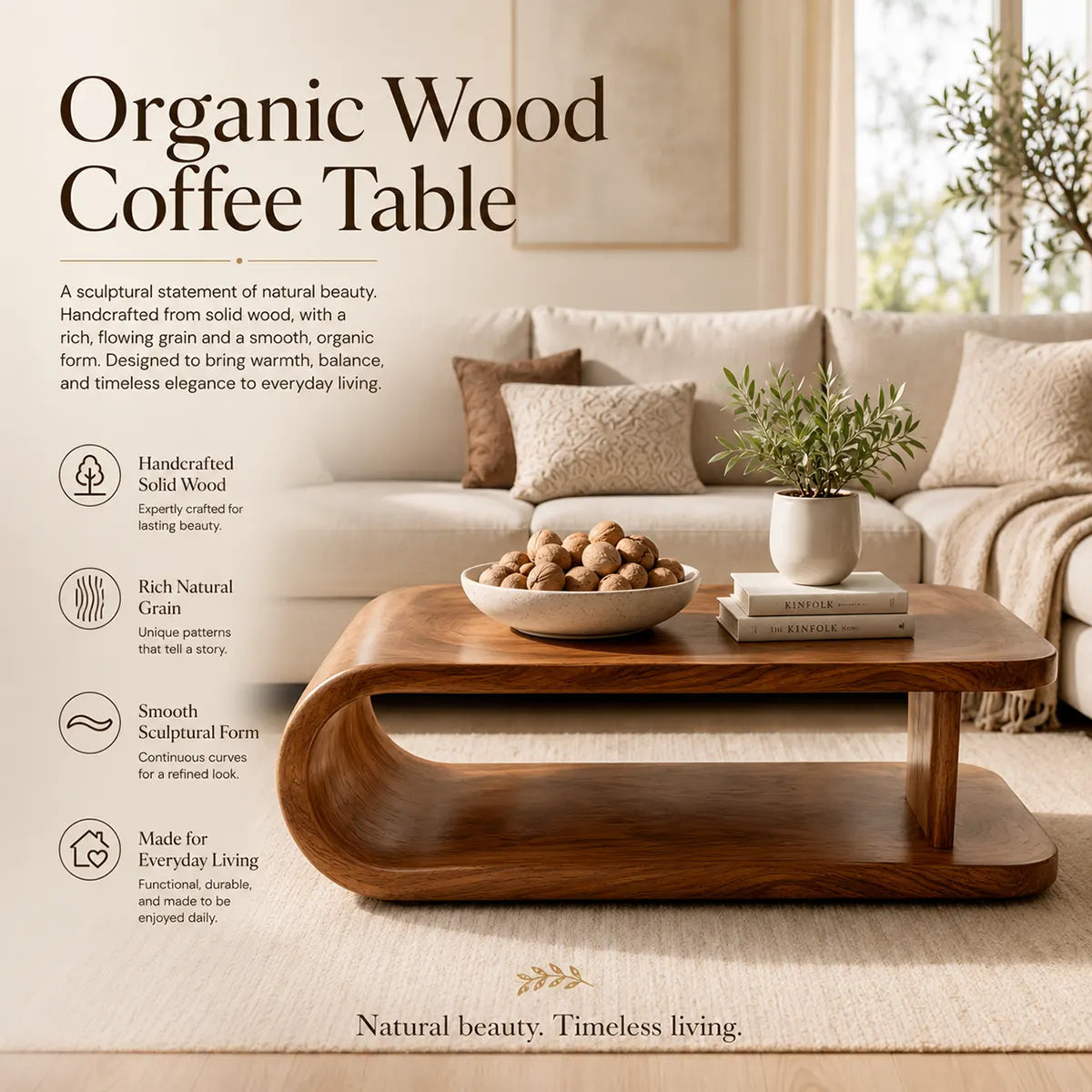 Modern Waterfall Coffee Table | Sculptural Open Shelf Center Table for Contemporary Living Room TT006-7074