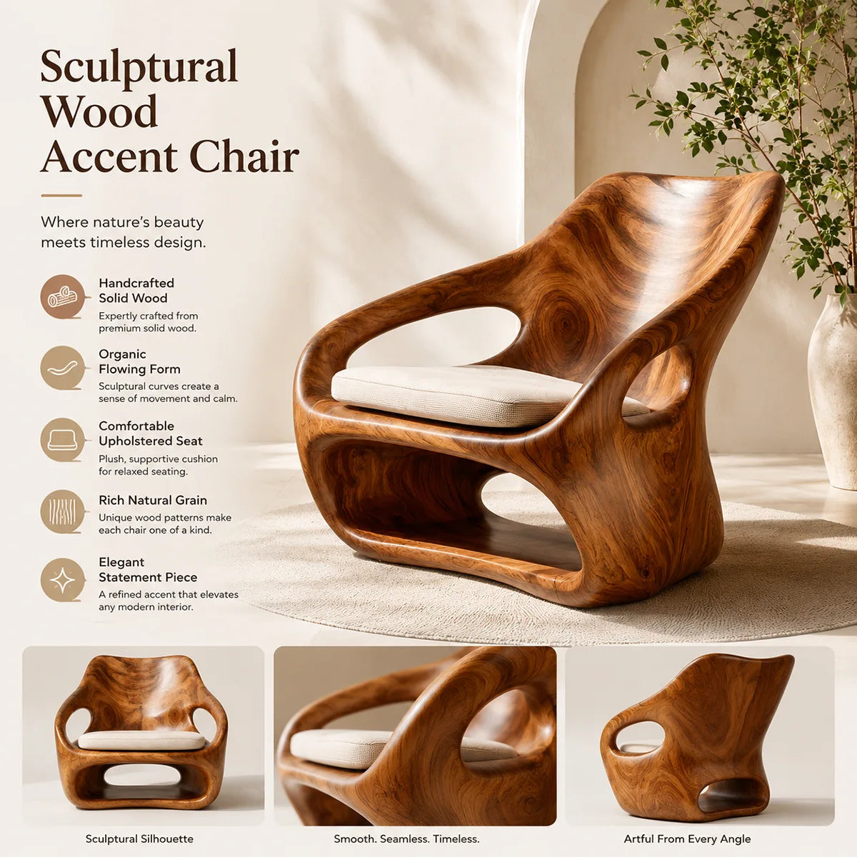 Organic Sculptural Solid Wood Lounge Chair | Handcrafted Modern Wooden Accent Chair TT006-4747