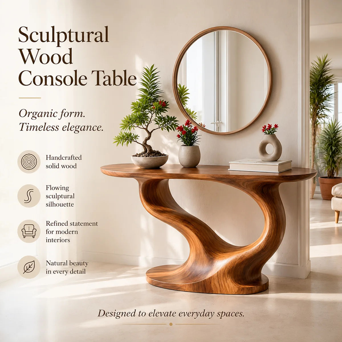Modern Organic Console Table with Sculptural Solid Wood Base | Contemporary Entryway Console TT006-8689