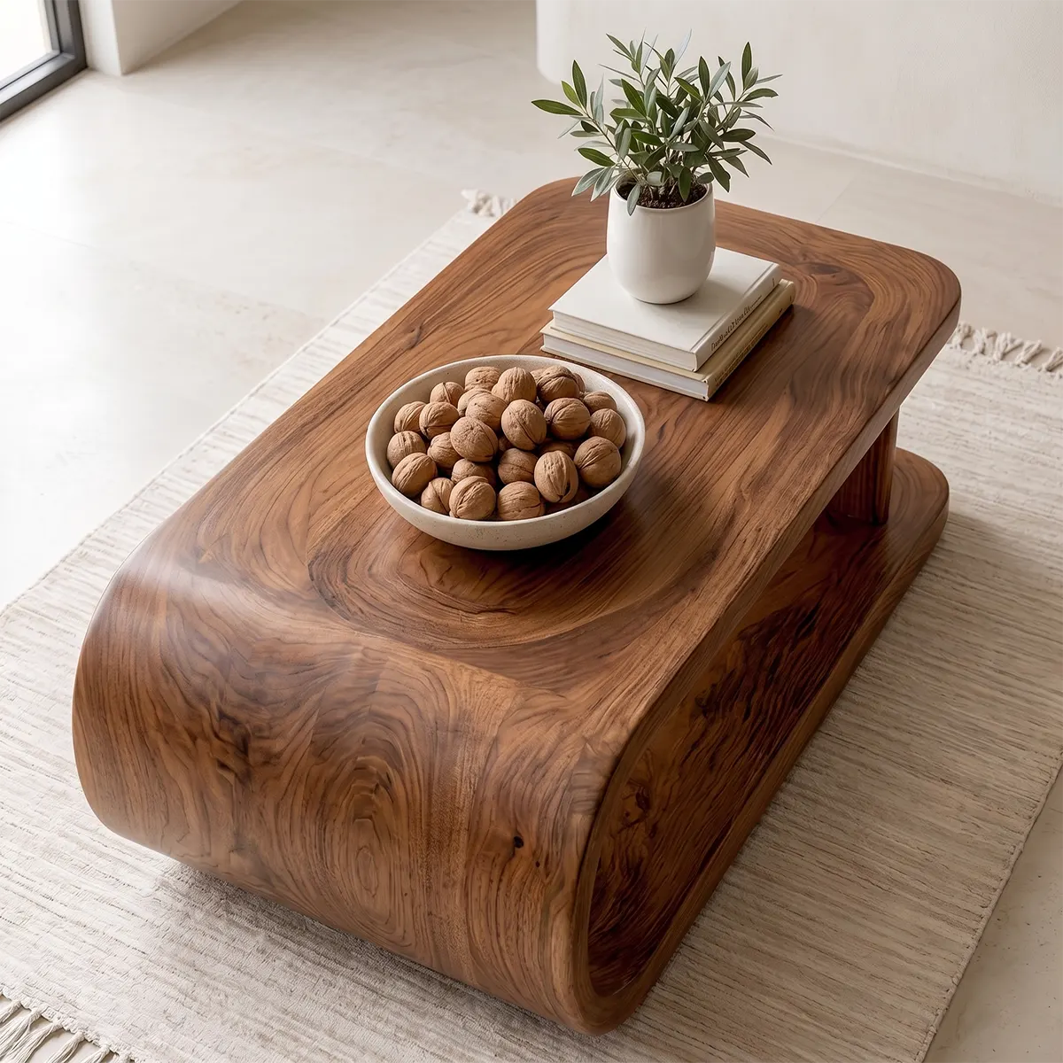Modern Waterfall Coffee Table | Sculptural Open Shelf Center Table for Contemporary Living Room TT006-7074