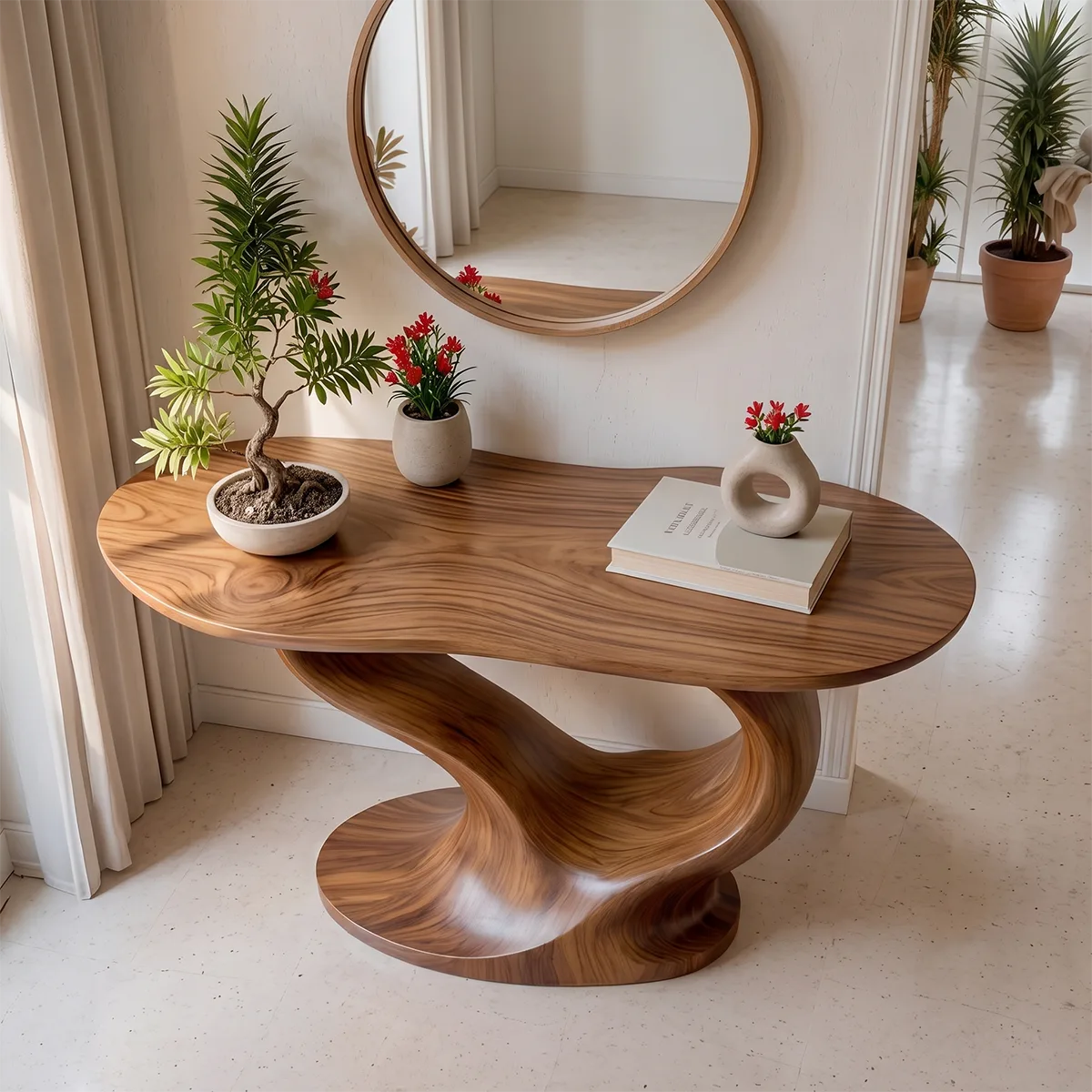 Modern Organic Console Table with Sculptural Solid Wood Base | Contemporary Entryway Console TT006-8689