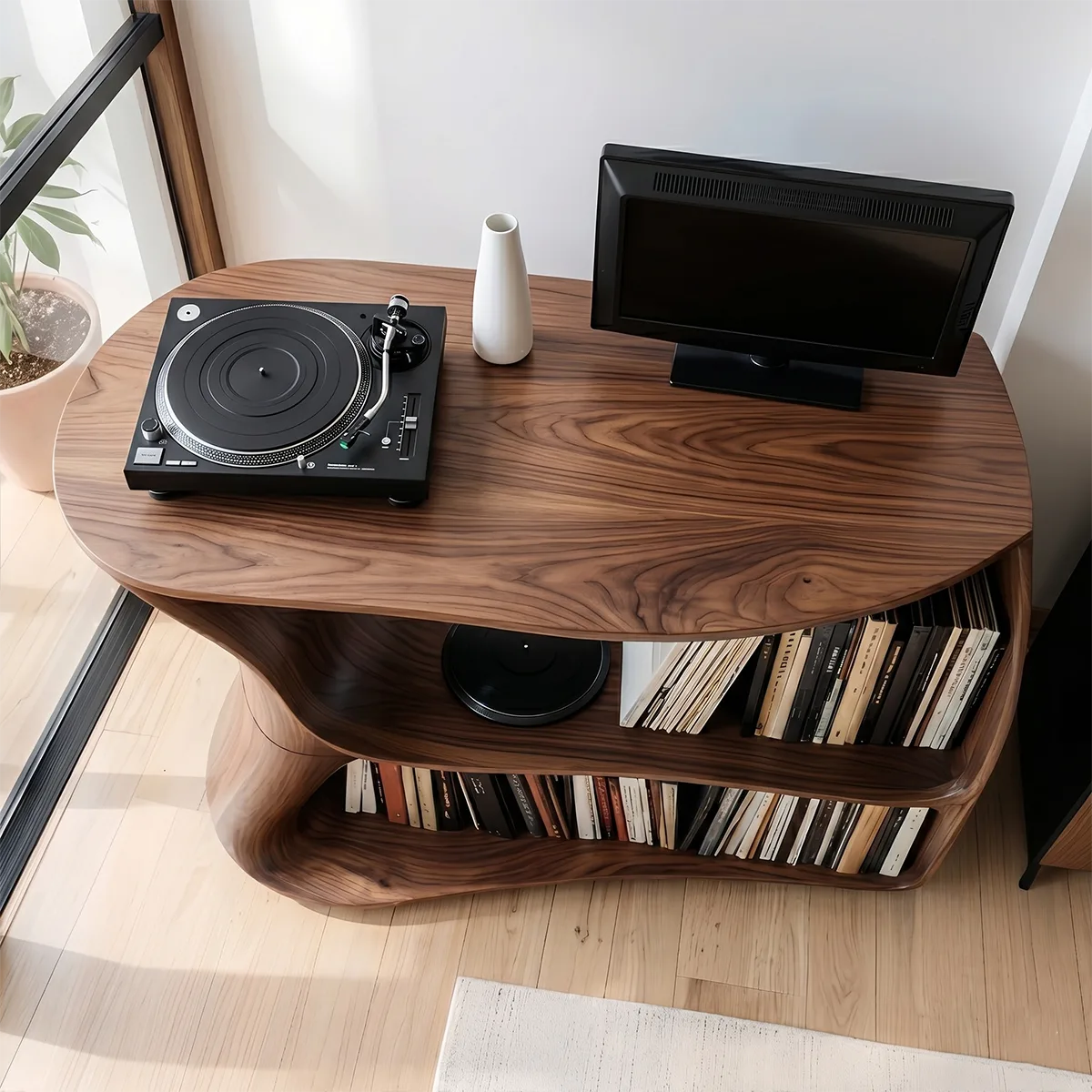 Solid Wood Media Stand, Modern Organic Record Player Stands with Vinyl Record Storage Shelves