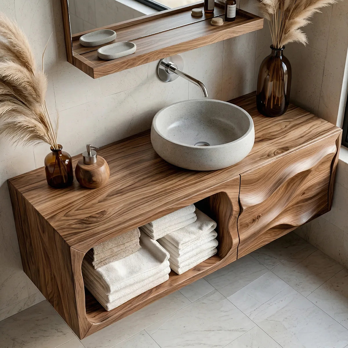 Floating Solid Wood Bathroom Vanity with Sculpted Door and Open Towel Shelf