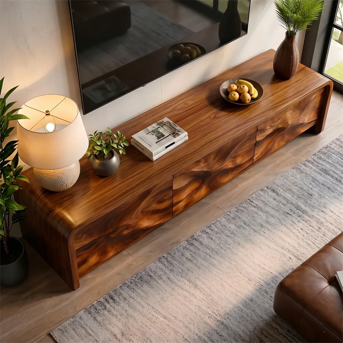 Modern Solid Wood Rounded TV Stand with Full Wavy Carved Facade