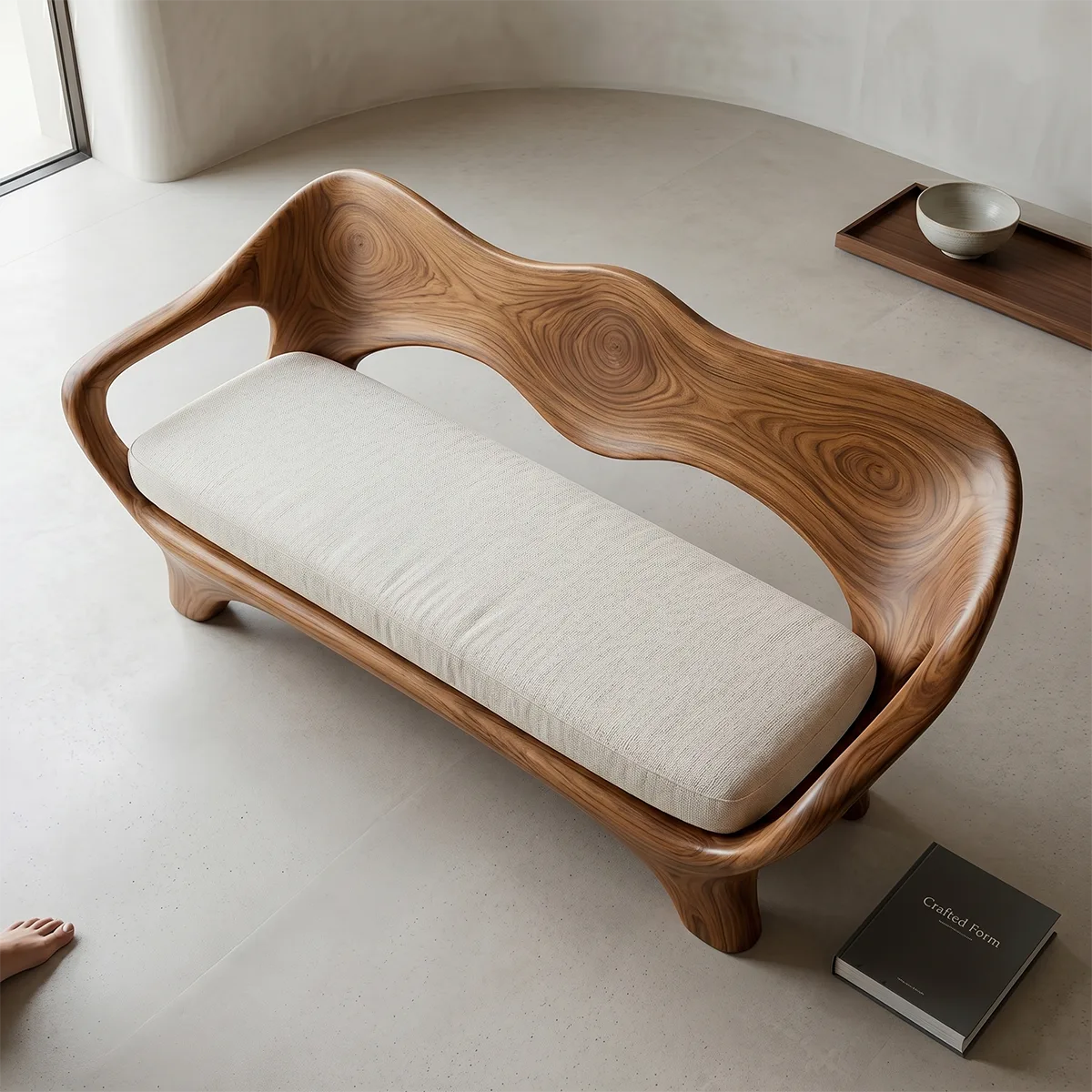 Luxury Sculptural Wooden Sofa with Organic Flowing Backrest Design