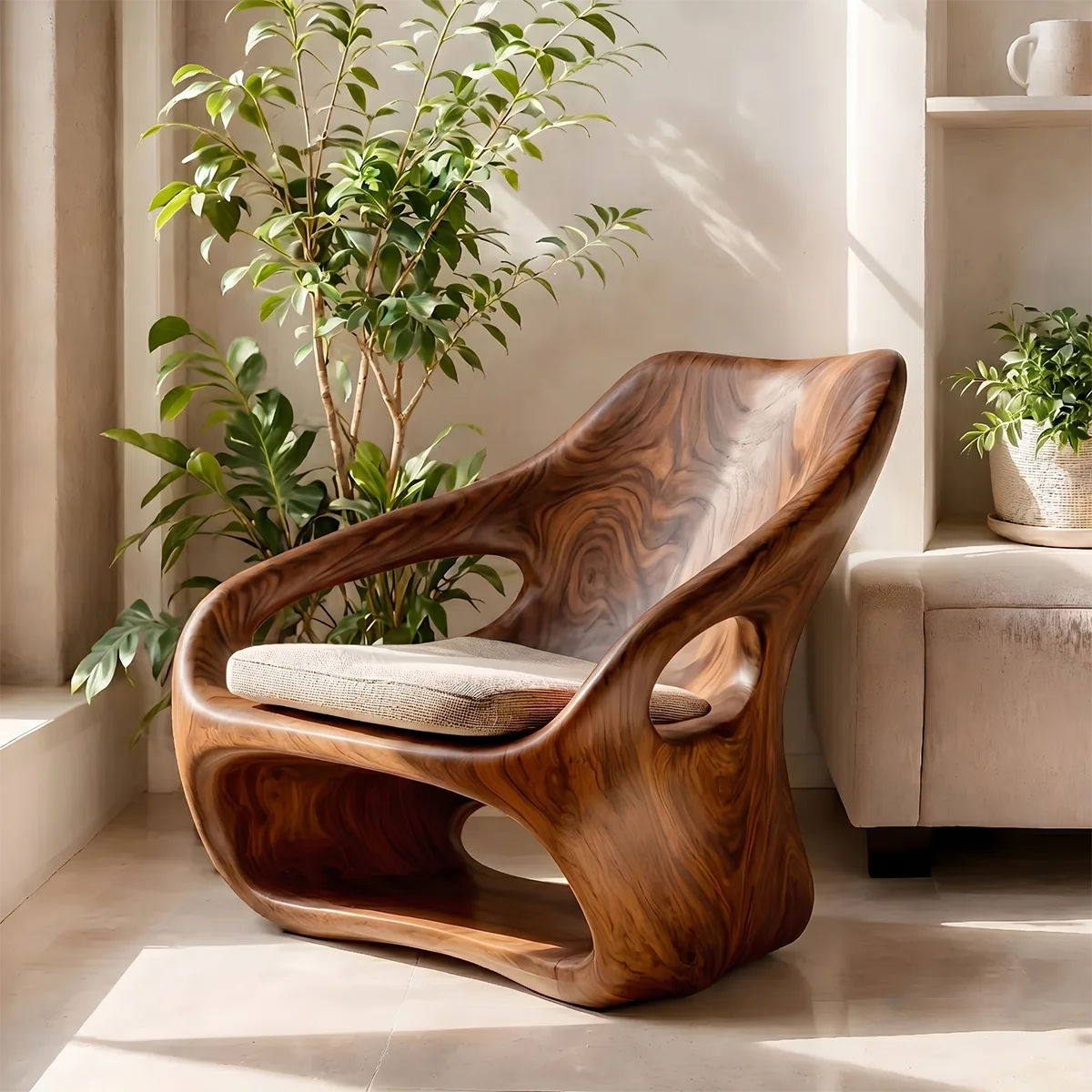 Organic Sculptural Solid Wood Lounge Chair | Handcrafted Modern Wooden Accent Chair TT006-4747