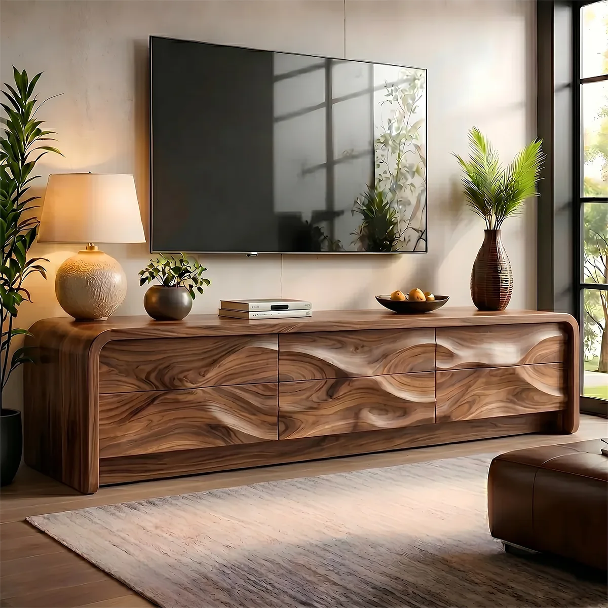 Modern Solid Wood Rounded TV Stand with Full Wavy Carved Facade