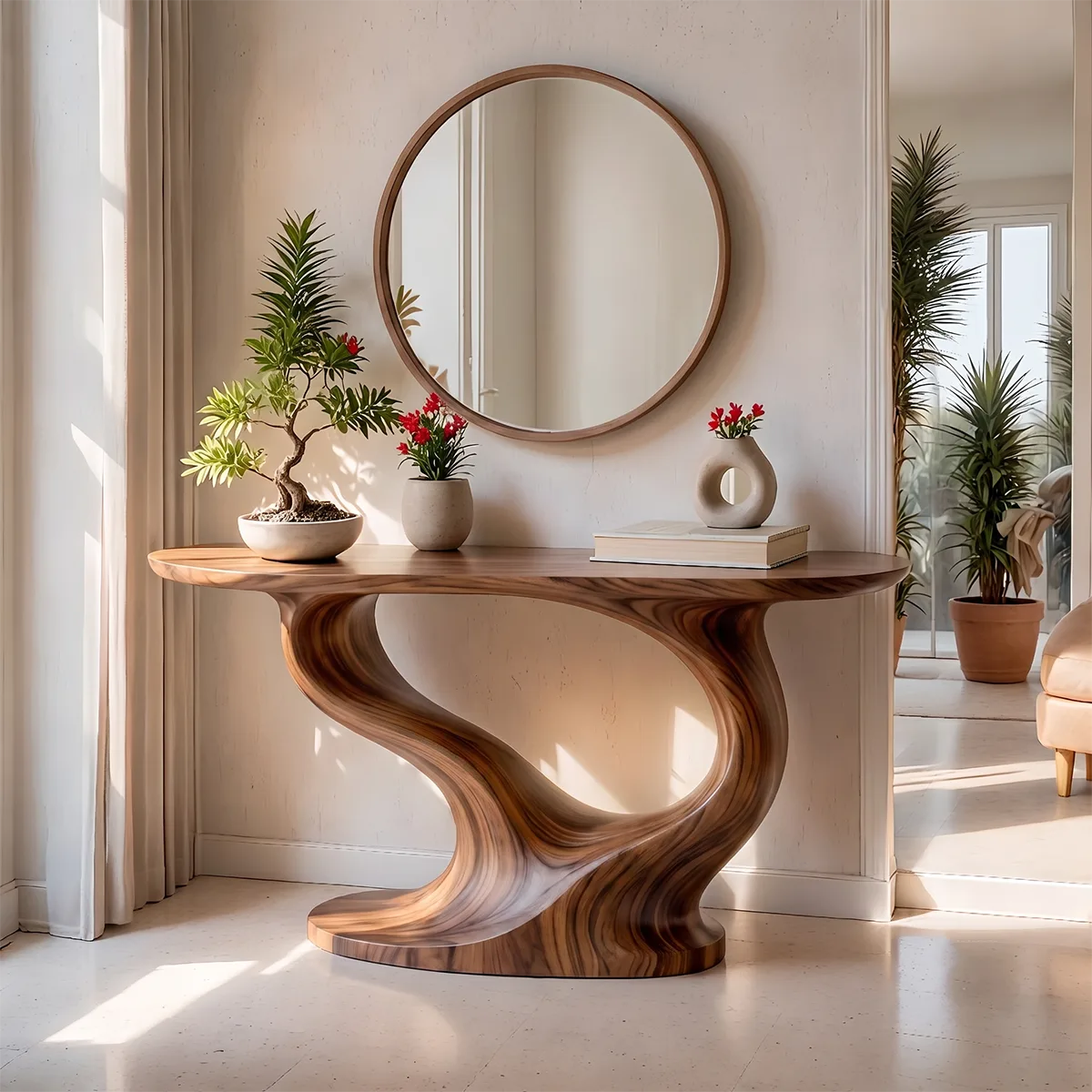 Modern Organic Console Table with Sculptural Solid Wood Base | Contemporary Entryway Console TT006-8689