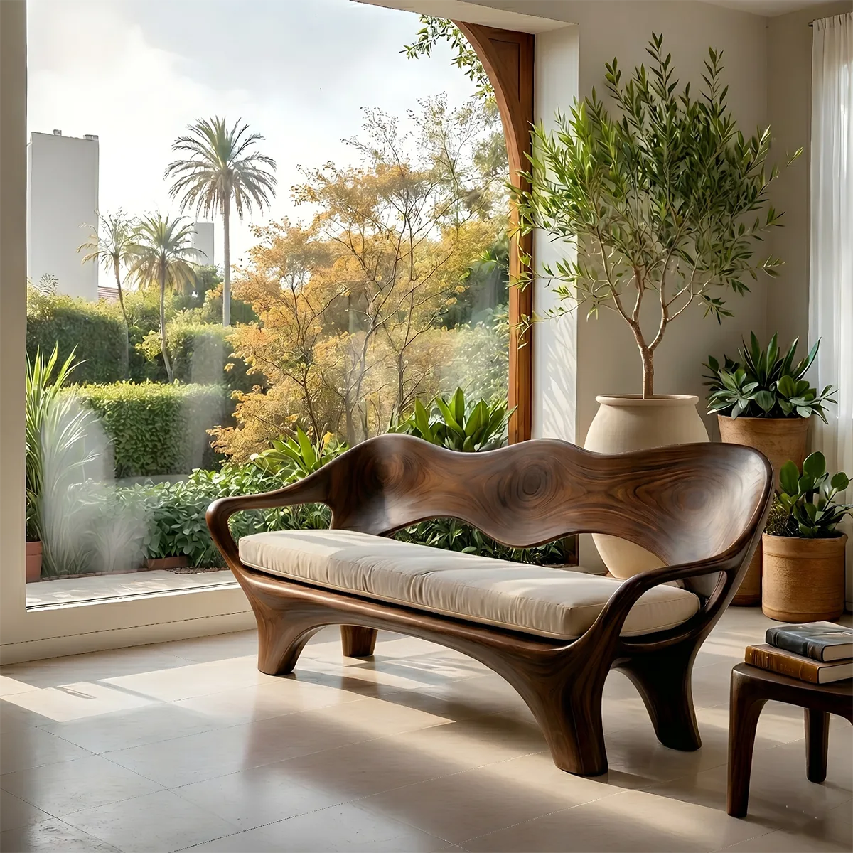 Luxury Sculptural Wooden Sofa with Organic Flowing Backrest Design