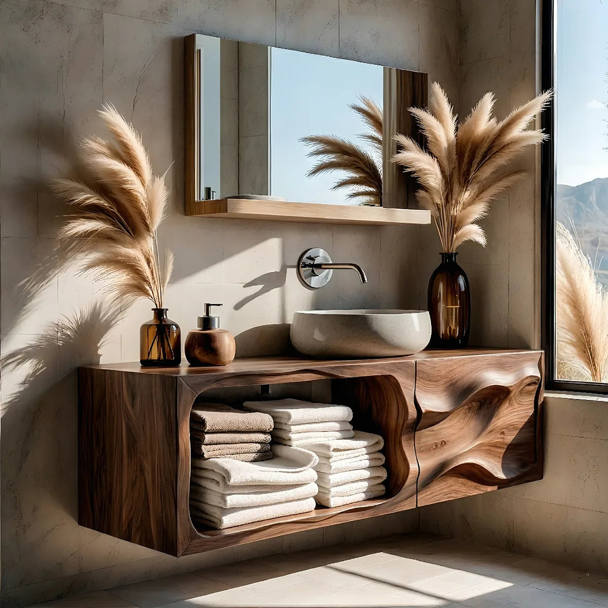 Floating Solid Wood Bathroom Vanity with Sculpted Door and Open Towel Shelf