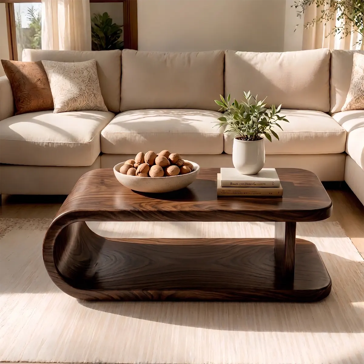 Modern Waterfall Coffee Table | Sculptural Open Shelf Center Table for Contemporary Living Room TT006-7074