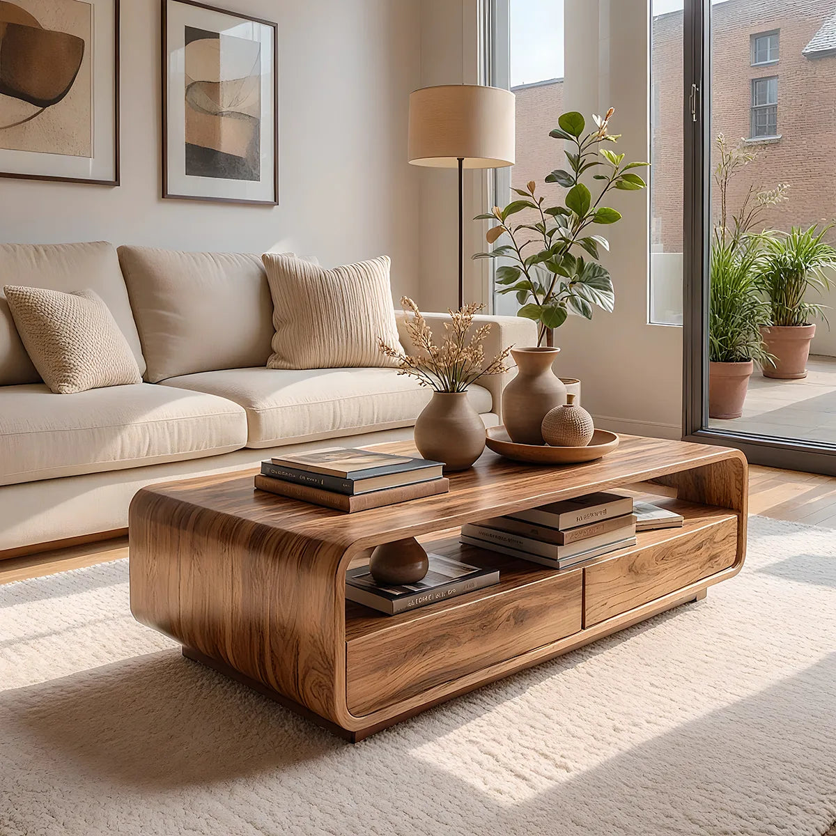 Modern Solid Wood Curved Coffee Table with Open Shelf and Drawers