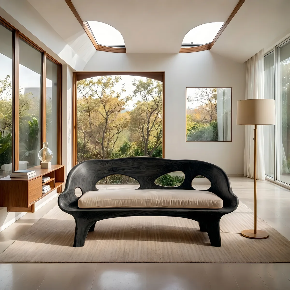 Organic Sculptural Wooden Sofa with Artistic Open-Back Design