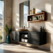 Floating Solid Wood Bathroom Vanity with Geometric Doors and Open Center Shelves