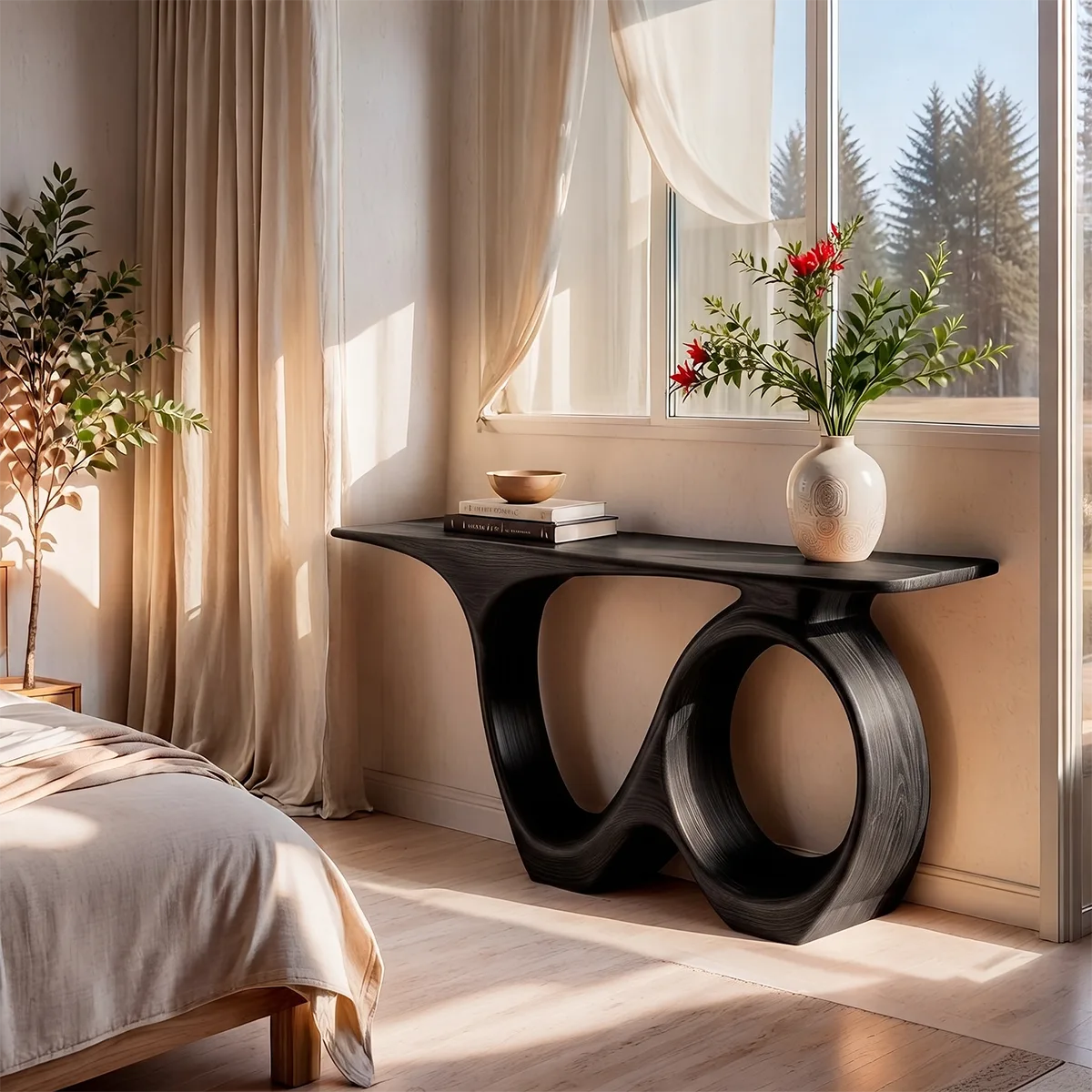 Modern Organic Console Table with Sculptural Solid Wood Base | Contemporary Entryway Console TT006-7937