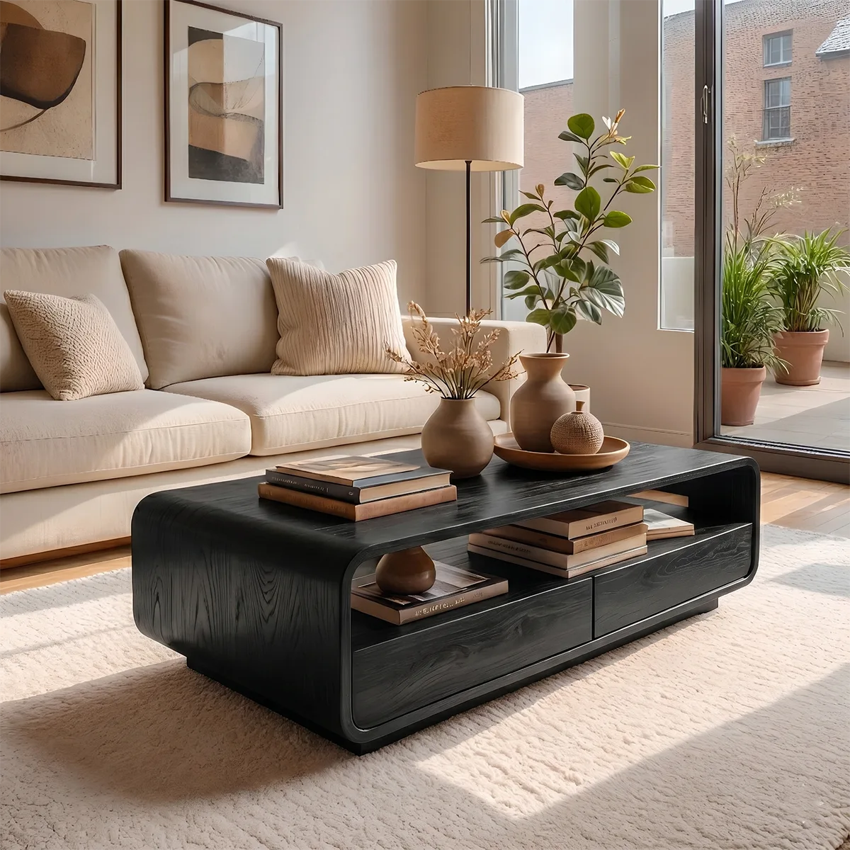 Modern Solid Wood Curved Coffee Table with Open Shelf and Drawers