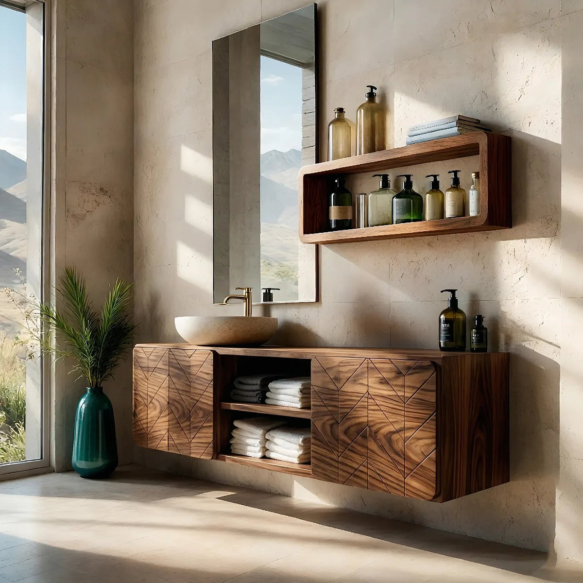 Floating Solid Wood Bathroom Vanity with Geometric Doors and Open Center Shelves