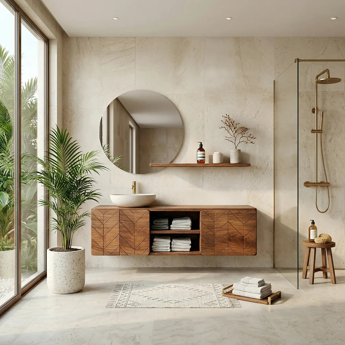 Floating Solid Wood Bathroom Vanity with Geometric Doors and Open Center Shelves