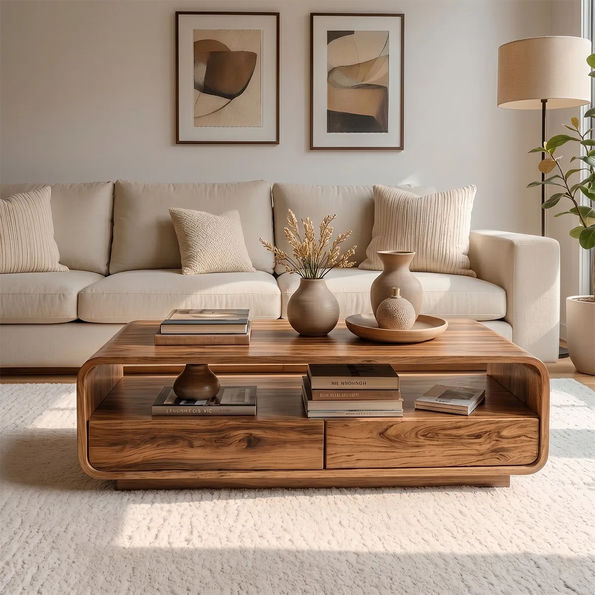 Modern Solid Wood Curved Coffee Table with Open Shelf and Drawers