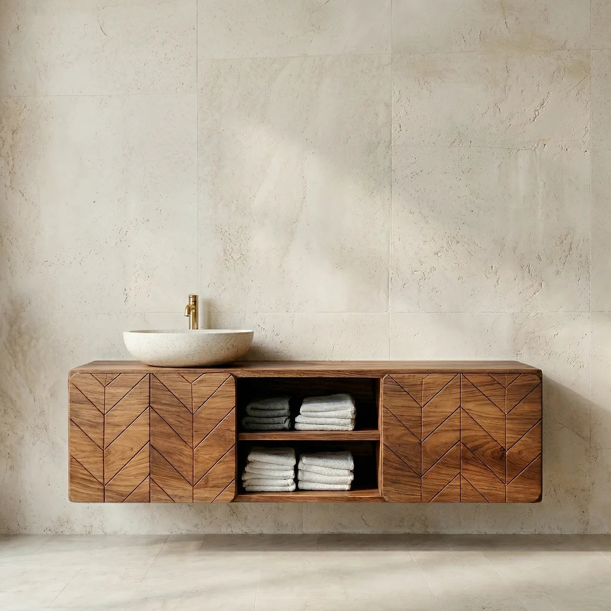 Floating Solid Wood Bathroom Vanity with Geometric Doors and Open Center Shelves