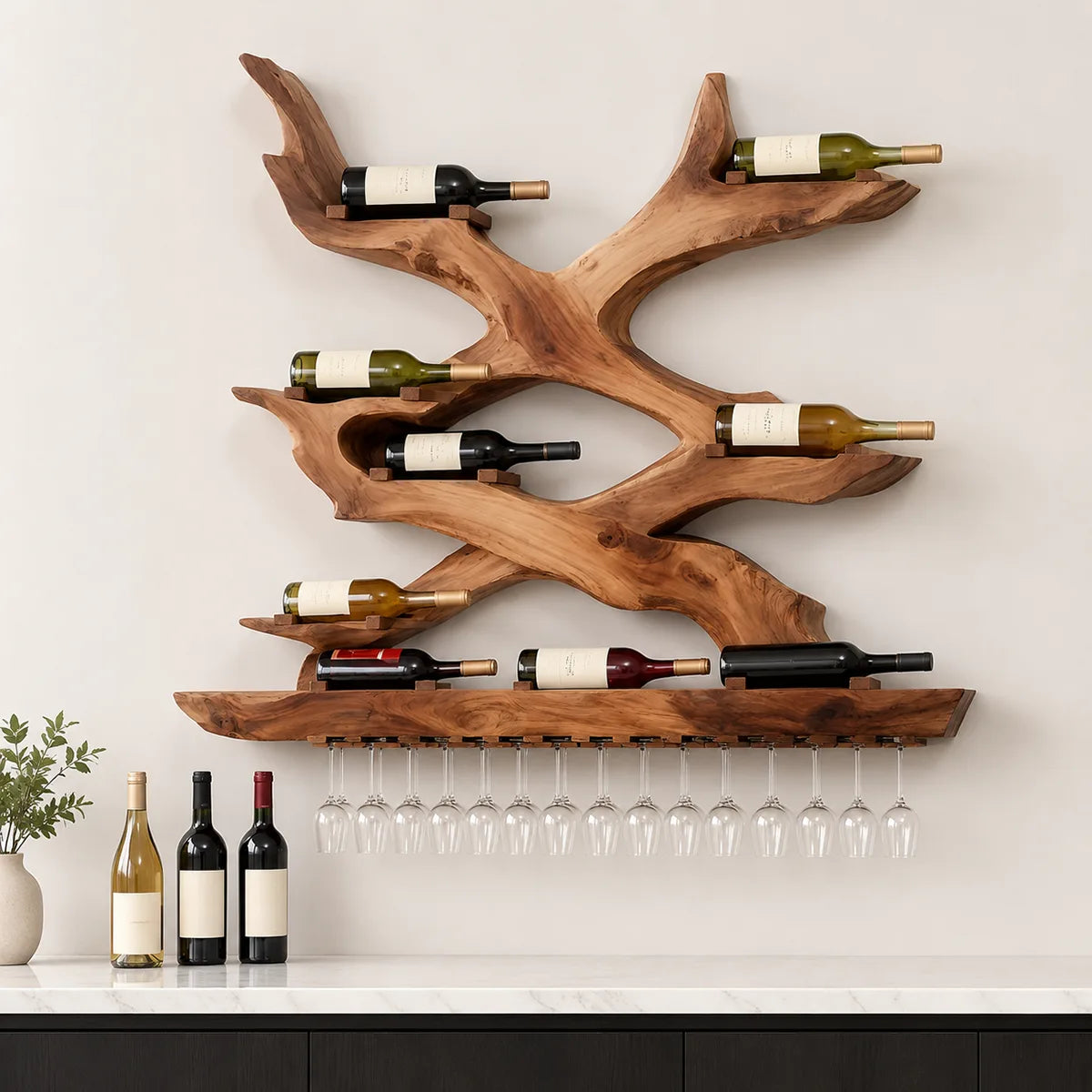 Mid Century Vineweave Solid Wood Wall Wine Rack for Home Bars & Wine Collectors TT006-8476