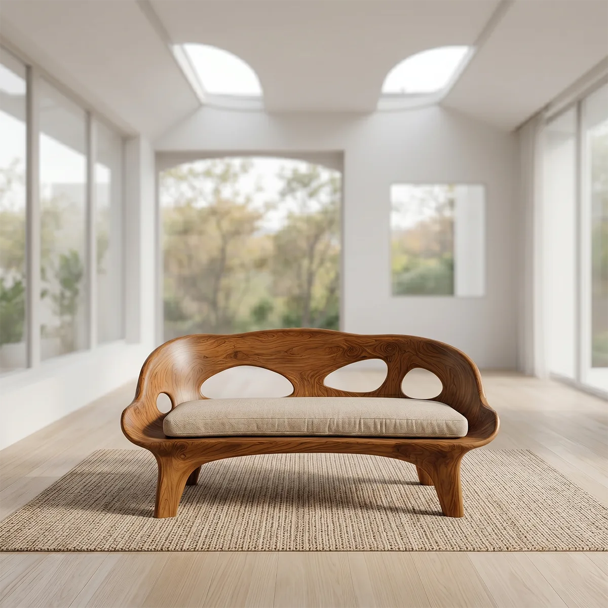 Organic Sculptural Wooden Sofa with Artistic Open-Back Design