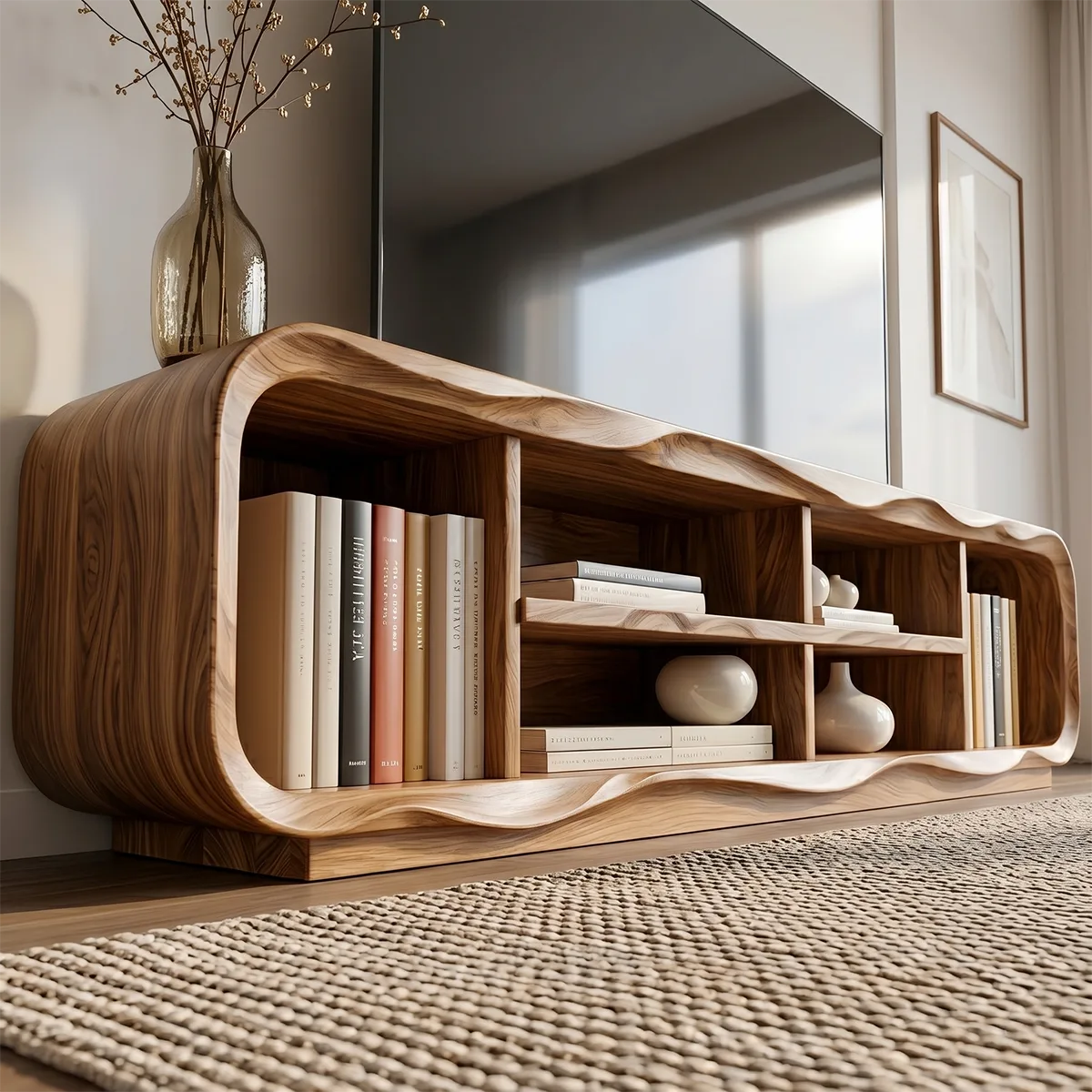 Modern Solid Wood Sculptural Rounded Open TV Stand