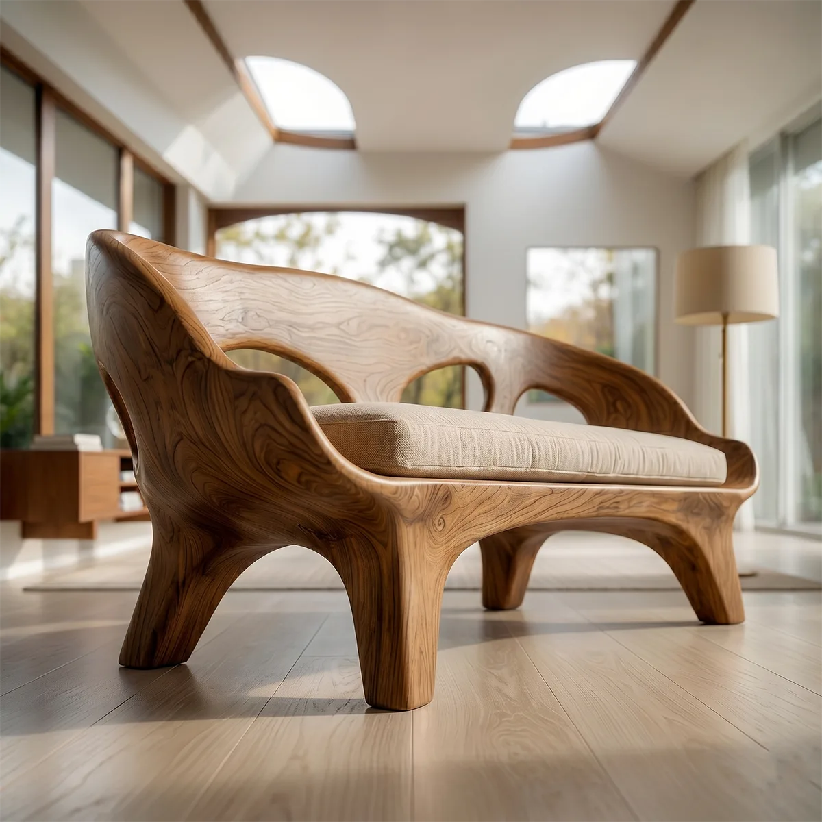Organic Sculptural Wooden Sofa with Artistic Open-Back Design
