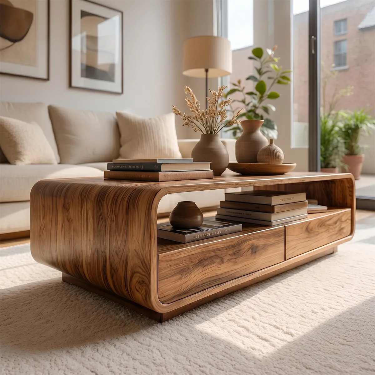 Modern Solid Wood Curved Coffee Table with Open Shelf and Drawers