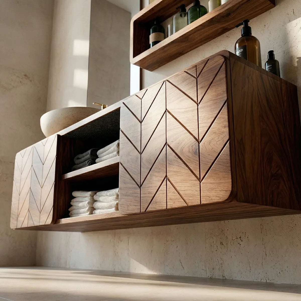 Floating Solid Wood Bathroom Vanity with Geometric Doors and Open Center Shelves