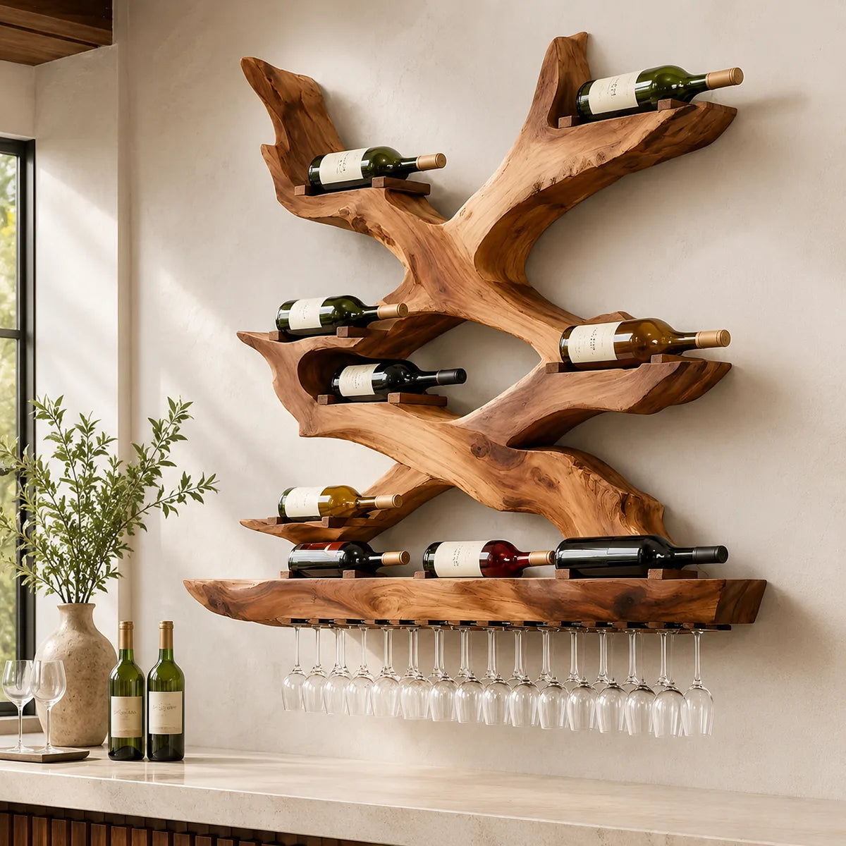 Mid Century Vineweave Solid Wood Wall Wine Rack for Home Bars & Wine Collectors TT006-8476