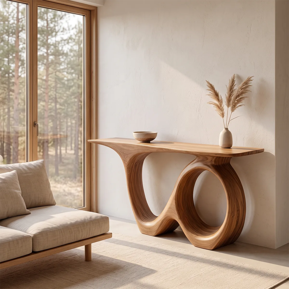 Modern Organic Console Table with Sculptural Solid Wood Base | Contemporary Entryway Console TT006-7937