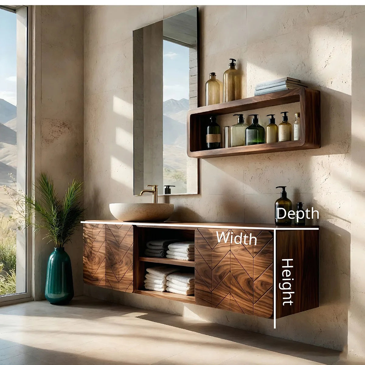 Floating Solid Wood Bathroom Vanity with Geometric Doors and Open Center Shelves