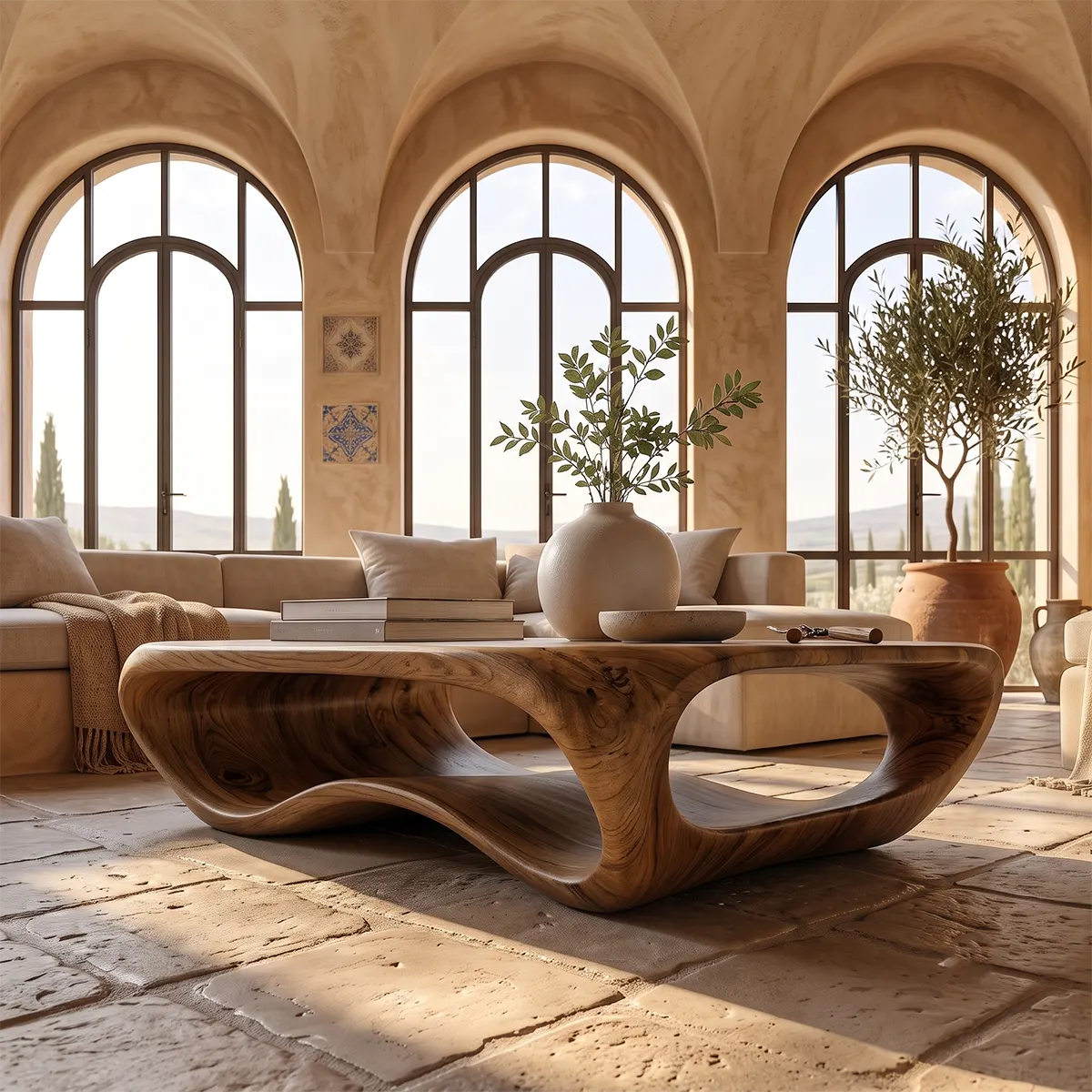 Modern Organic Coffee Table | Sculptural Low Profile Center Table for Contemporary Living Room TT006-3779