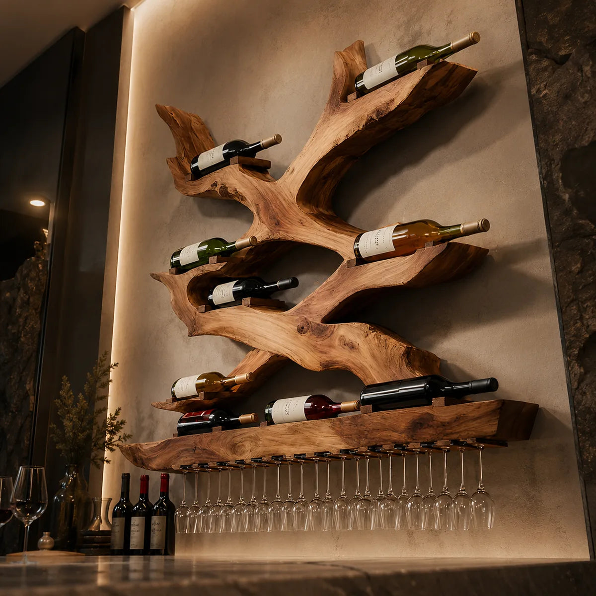 Mid Century Vineweave Solid Wood Wall Wine Rack for Home Bars & Wine Collectors TT006-8476