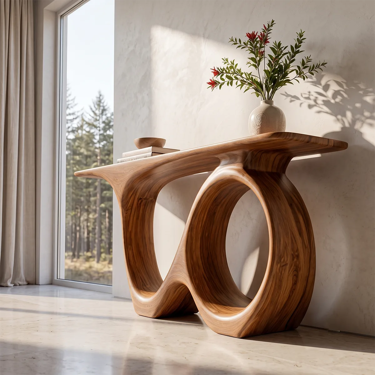 Modern Organic Console Table with Sculptural Solid Wood Base | Contemporary Entryway Console TT006-7937