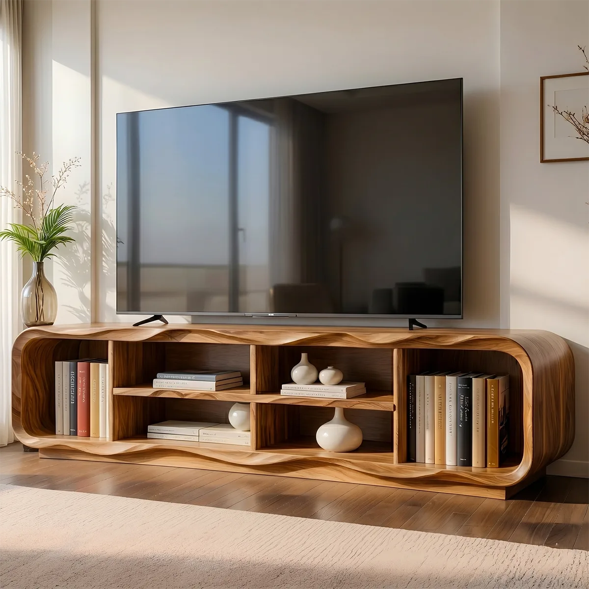 Modern Solid Wood Sculptural Rounded Open TV Stand