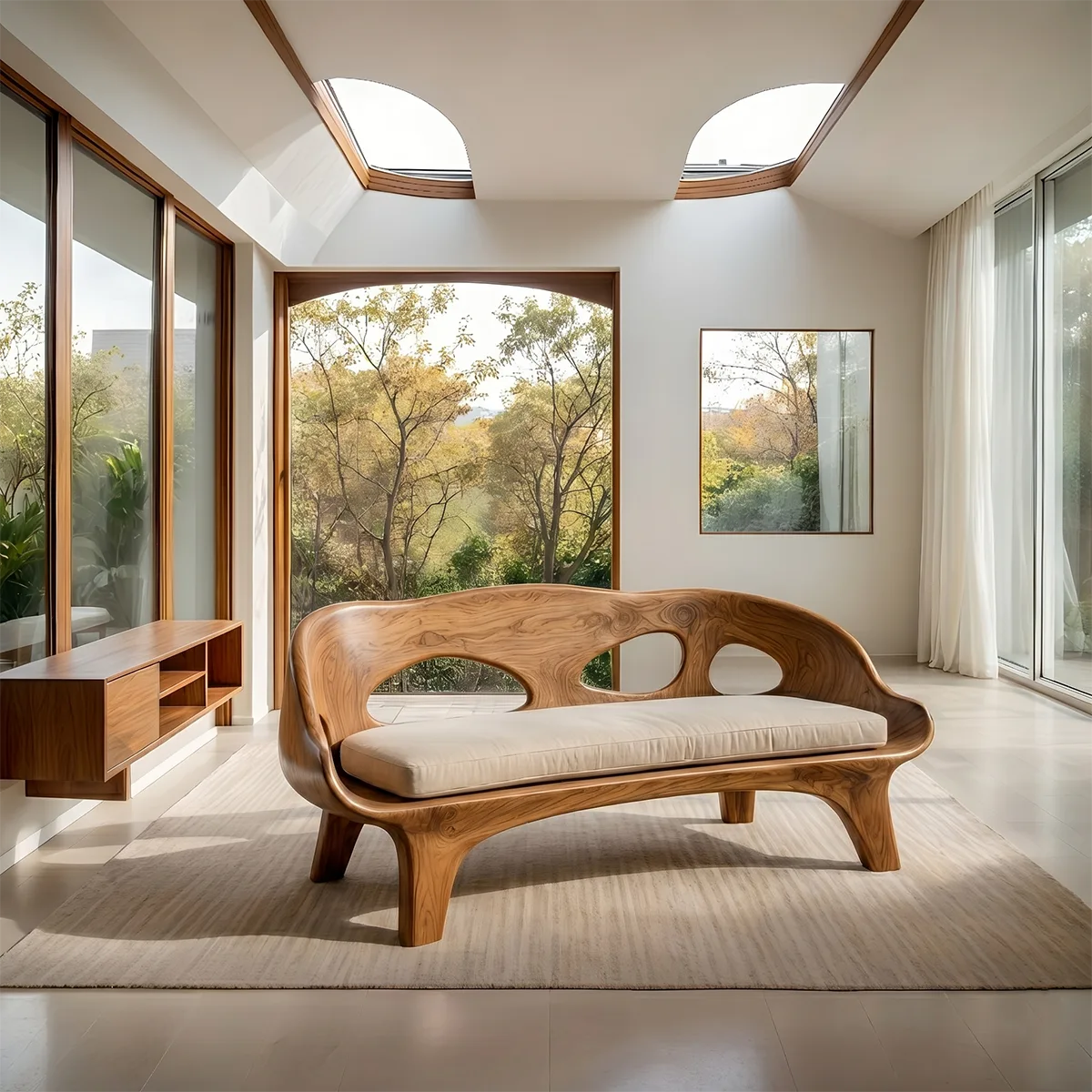 Organic Sculptural Wooden Sofa with Artistic Open-Back Design
