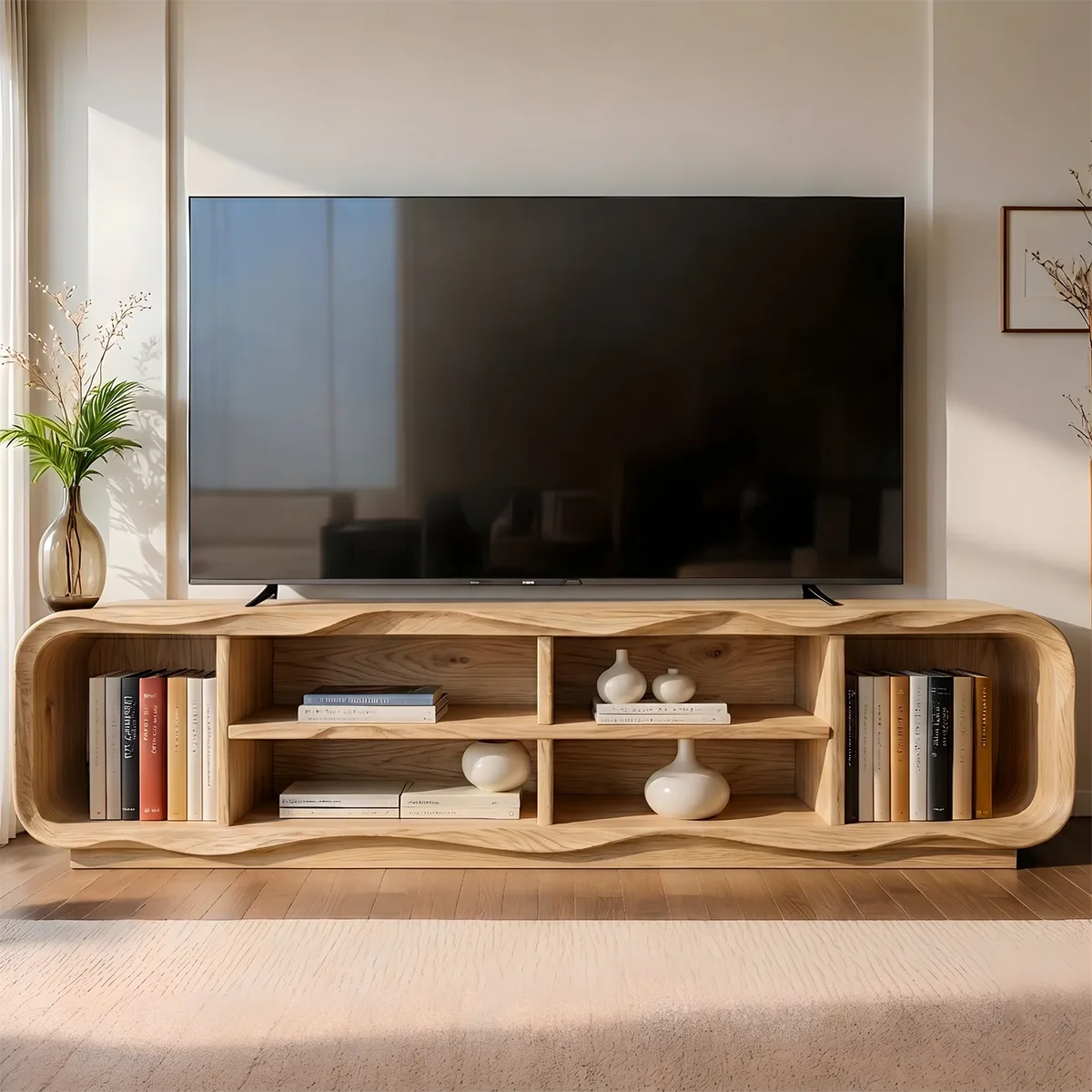 Modern Solid Wood Sculptural Rounded Open TV Stand