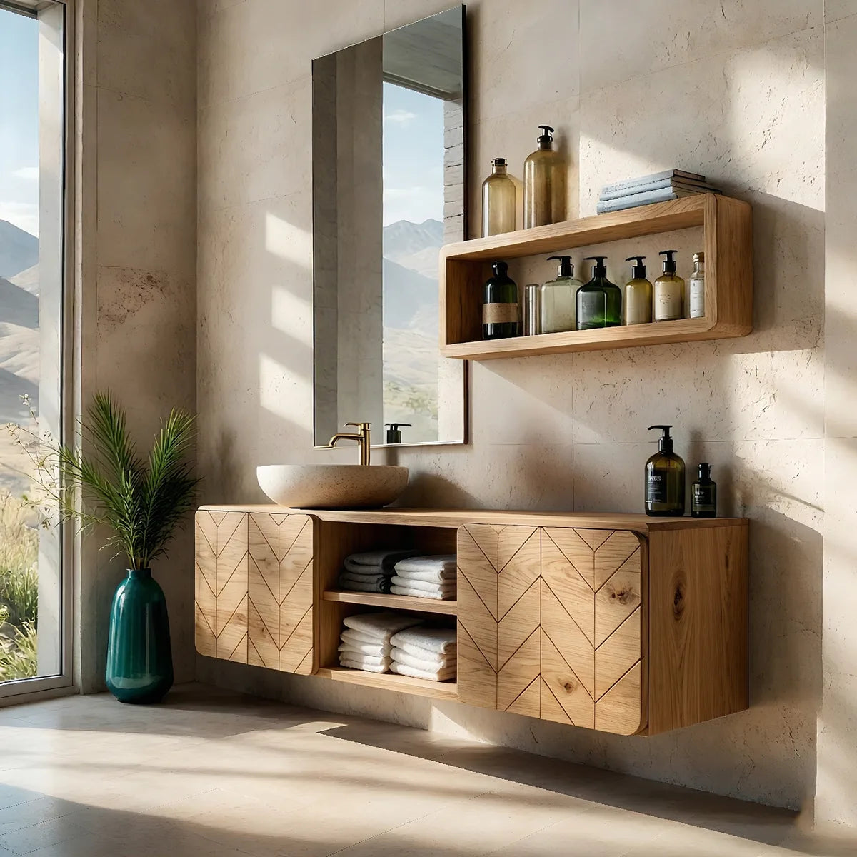 Floating Solid Wood Bathroom Vanity with Geometric Doors and Open Center Shelves