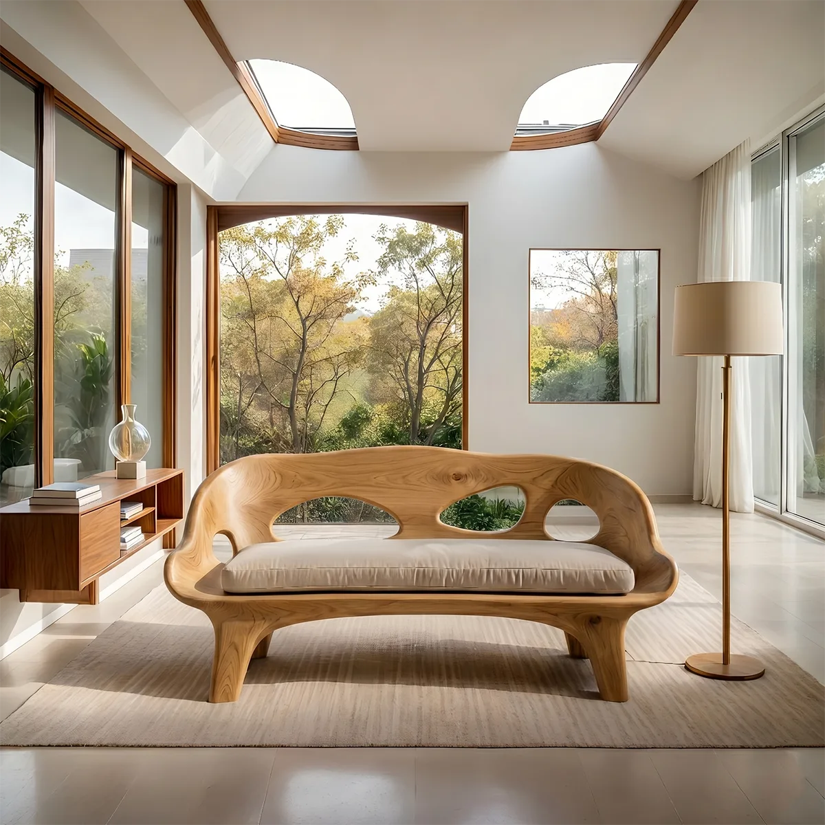 Organic Sculptural Wooden Sofa with Artistic Open-Back Design