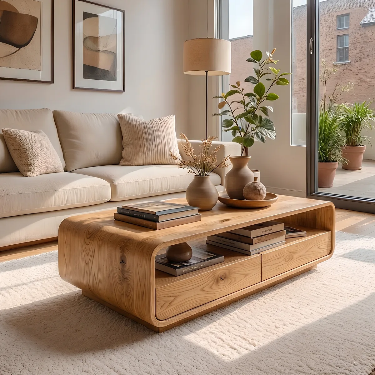 Modern Solid Wood Curved Coffee Table with Open Shelf and Drawers