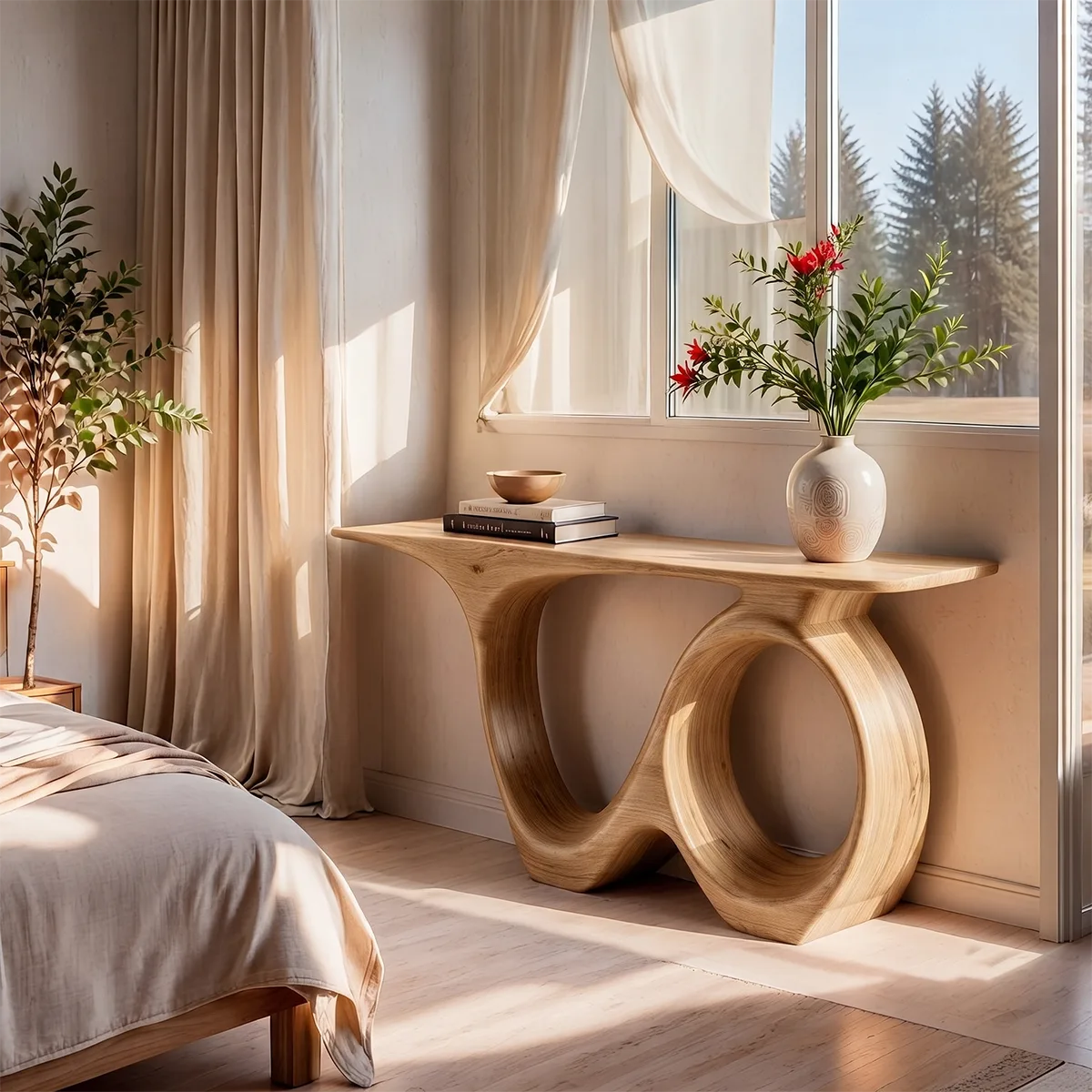 Modern Organic Console Table with Sculptural Solid Wood Base | Contemporary Entryway Console TT006-7937
