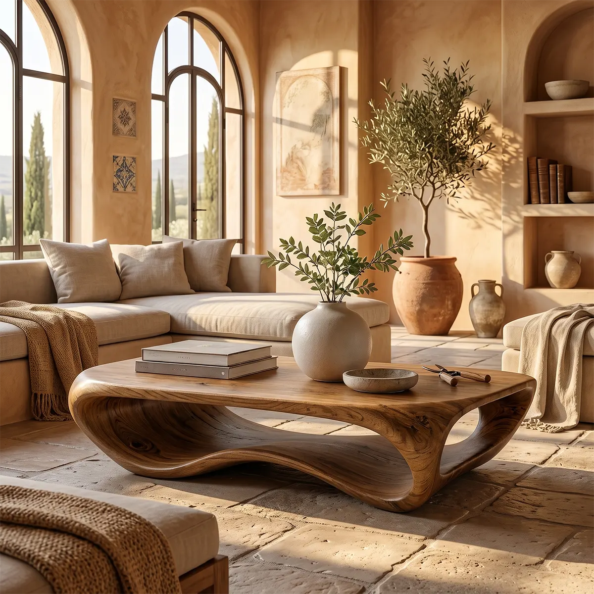 Modern Organic Coffee Table | Sculptural Low Profile Center Table for Contemporary Living Room TT006-3779