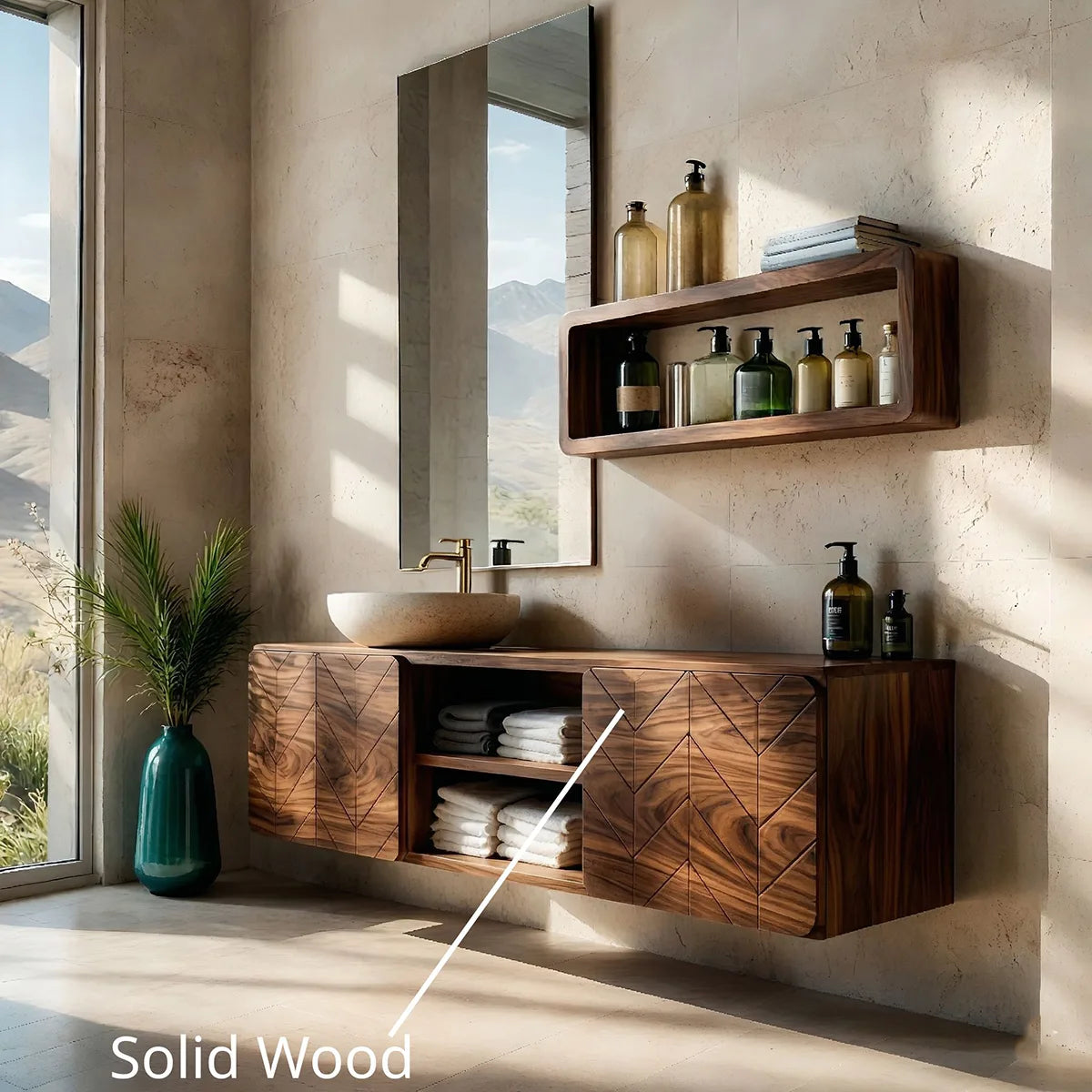Floating Solid Wood Bathroom Vanity with Geometric Doors and Open Center Shelves